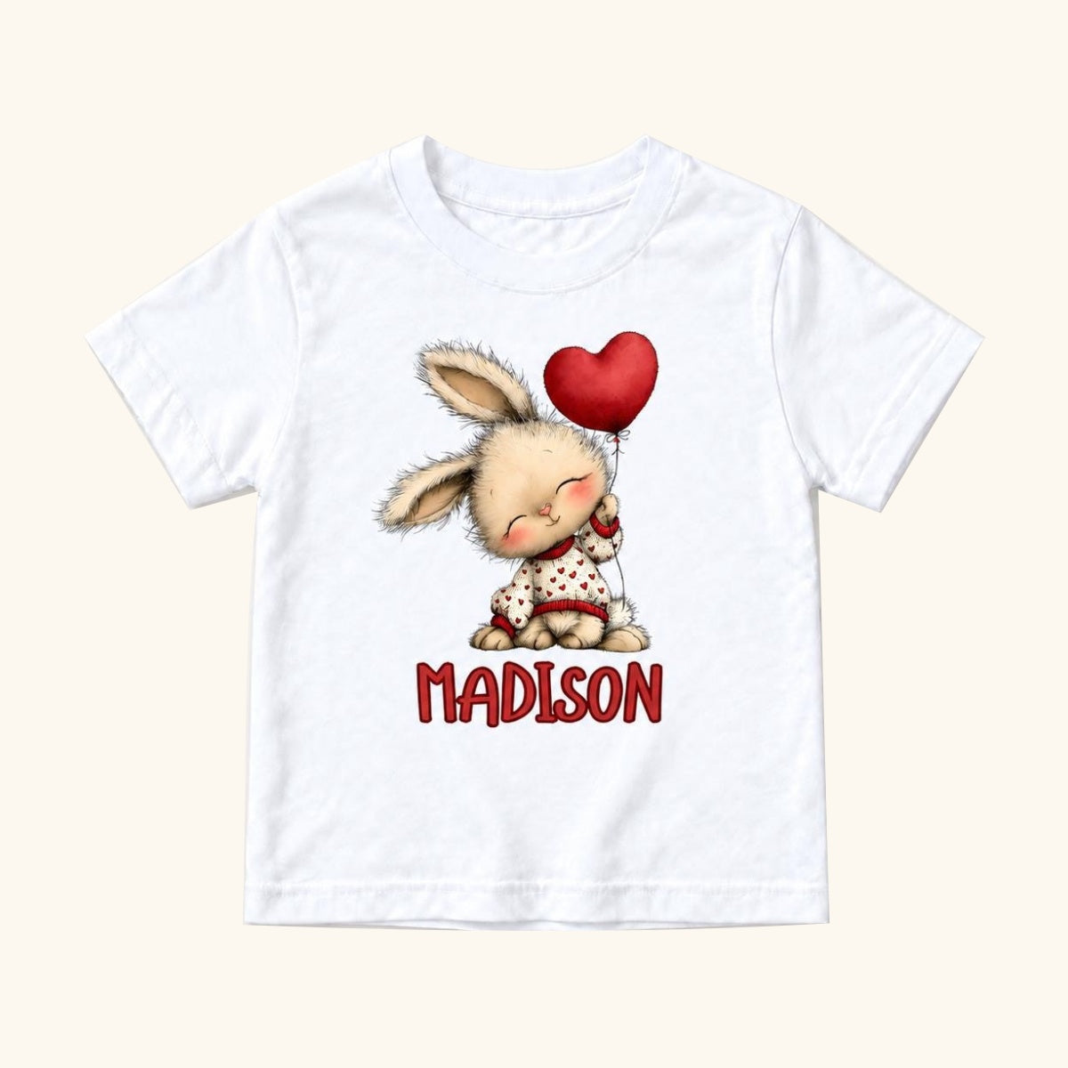 Personalized Bunny — Seated Rabbit with Red Heart Balloon — garment mockup or size chart