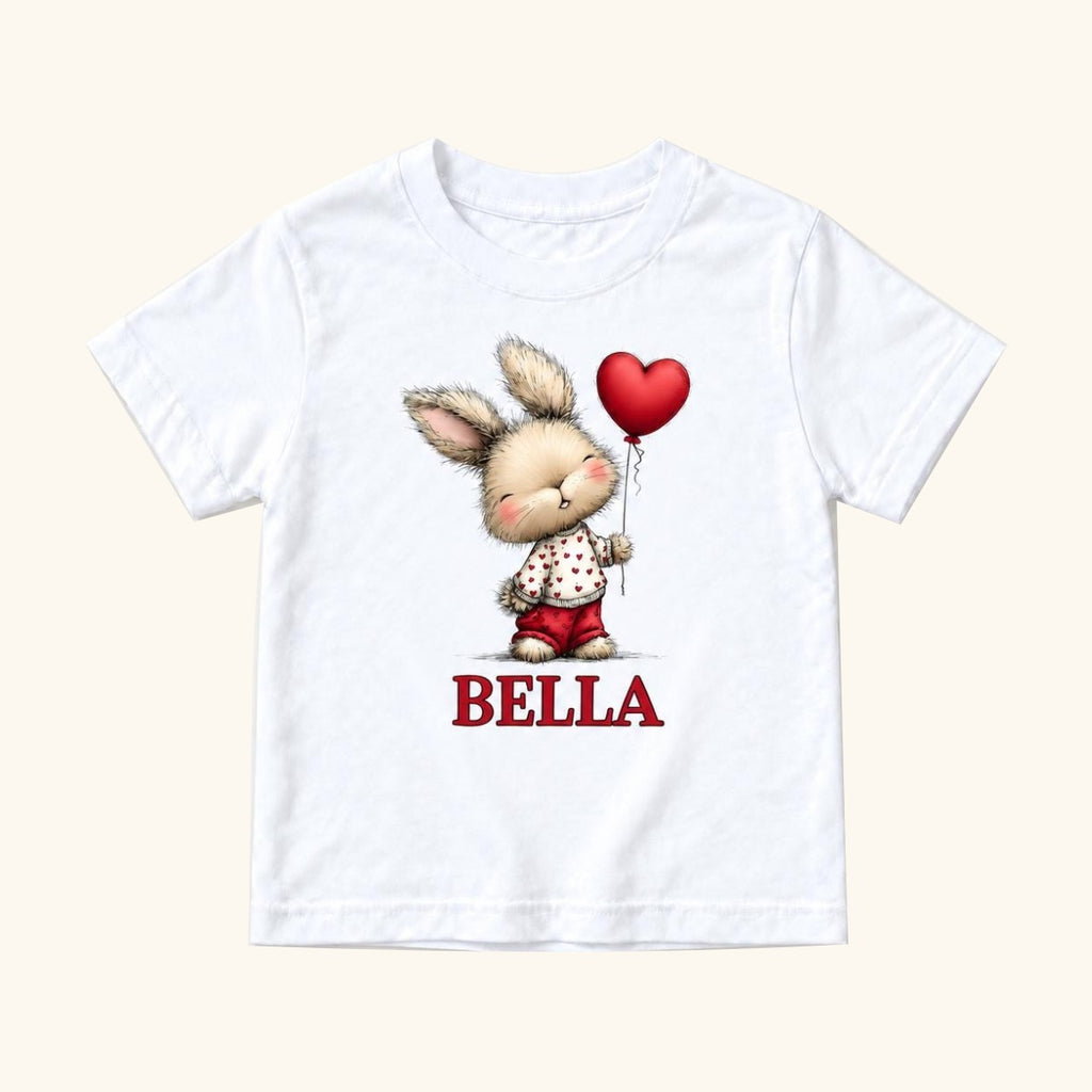 Personalized Bunny — Rabbit in Red Shorts with Heart Balloon — garment mockup or size chart