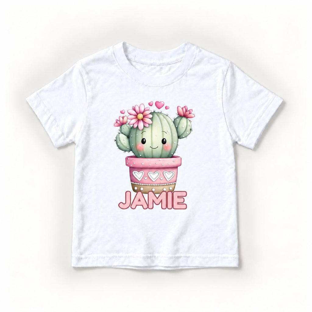 Personalized Cactus — Smiling Cactus with Pink Flowers and Hearts — garment mockup or size chart
