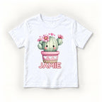 Personalized Cactus — Smiling Cactus with Pink Flowers and Hearts — garment mockup or size chart