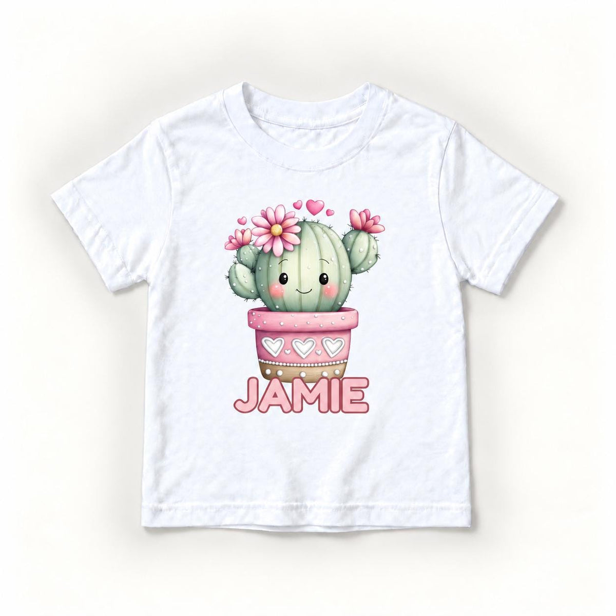 Personalized Cactus — Smiling Cactus with Pink Flowers and Hearts — garment mockup or size chart