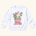 Personalized Cactus — Smiling Cactus with Pink Flowers and Hearts — garment mockup or size chart