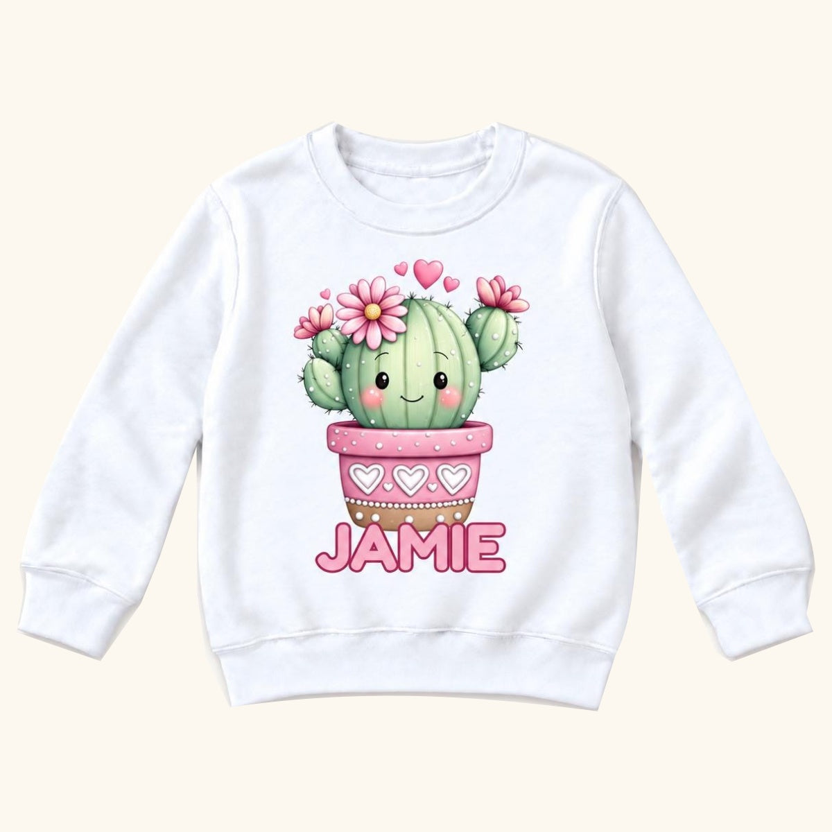 Personalized Cactus — Smiling Cactus with Pink Flowers and Hearts — garment mockup or size chart