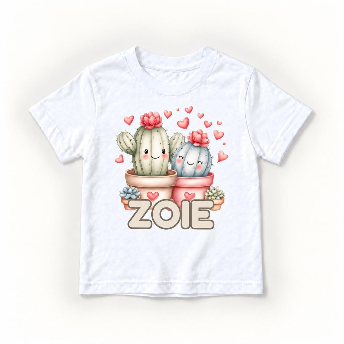 Personalized Cactus — Two Cute Cacti with Pink Hearts — garment mockup or size chart