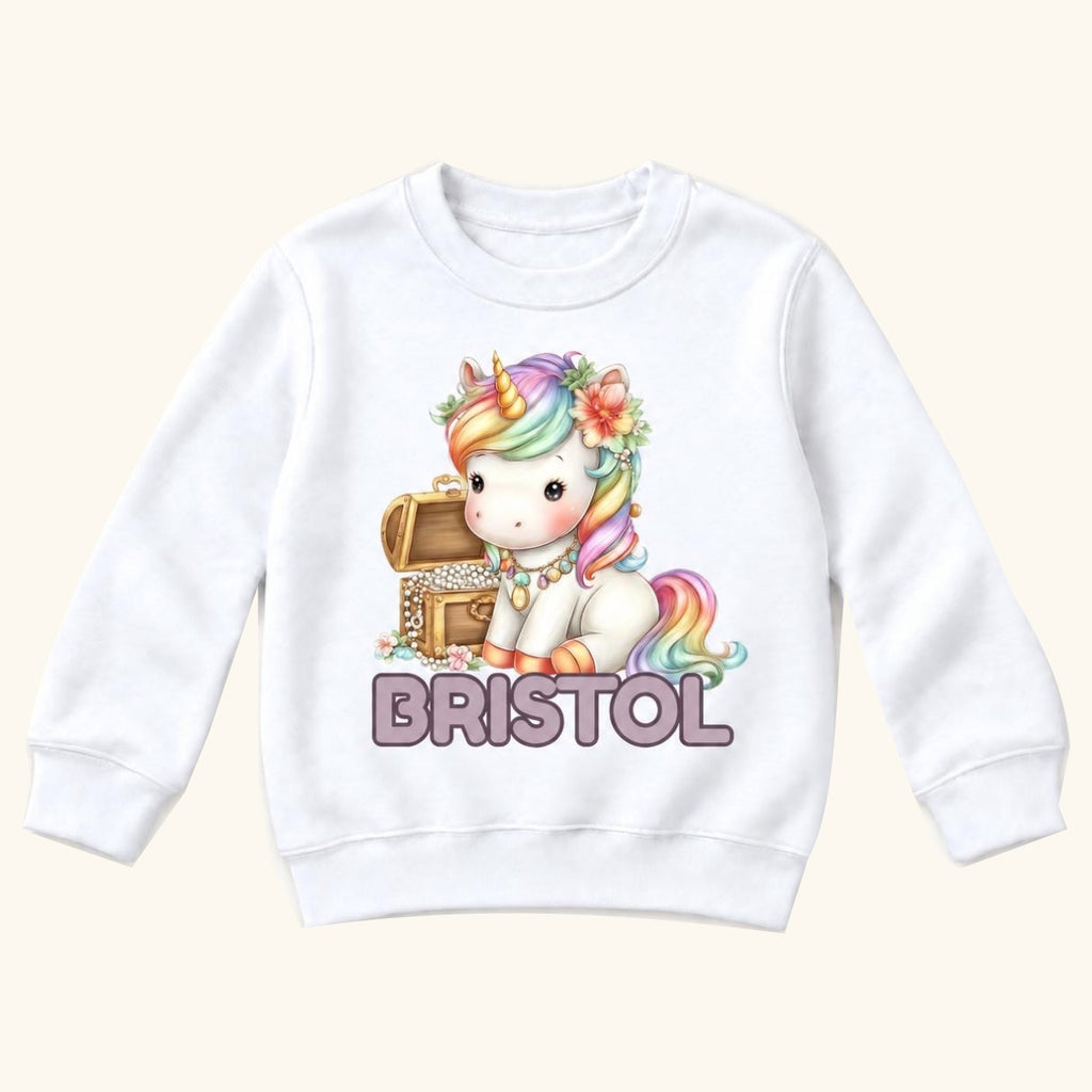 Personalized Unicorn — Rainbow Unicorn and Treasure Chest — garment mockup or size chart