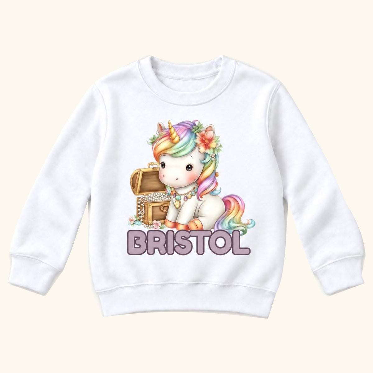 Personalized Unicorn — Rainbow Unicorn and Treasure Chest — garment mockup or size chart