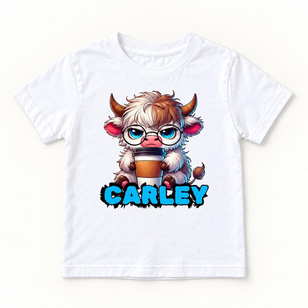 Personalized Highland Cow — Cute Cow with Glasses and Cup — garment mockup or size chart
