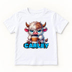Personalized Highland Cow — Cute Cow with Glasses and Cup — garment mockup or size chart