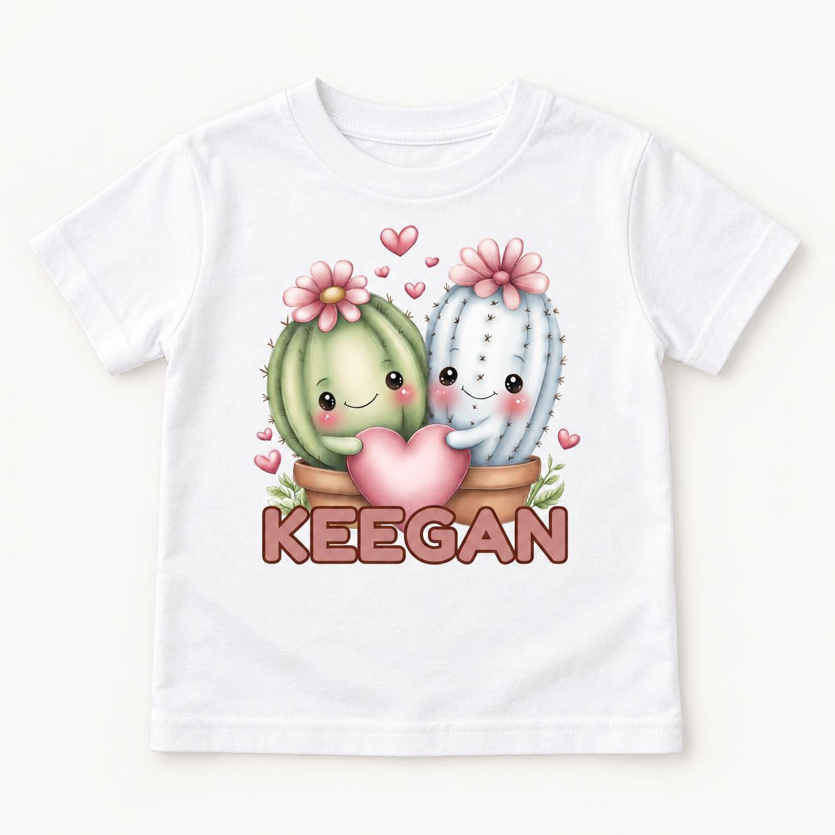 Personalized Cactus — Two Cacti Holding a Pink Heart — garment mockup or size chart
