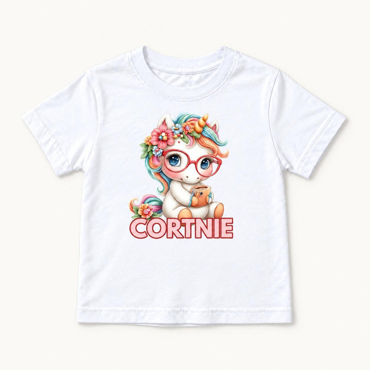 Personalized Unicorn — Floral Rainbow Mane Red Glasses — garment mockup or size chart