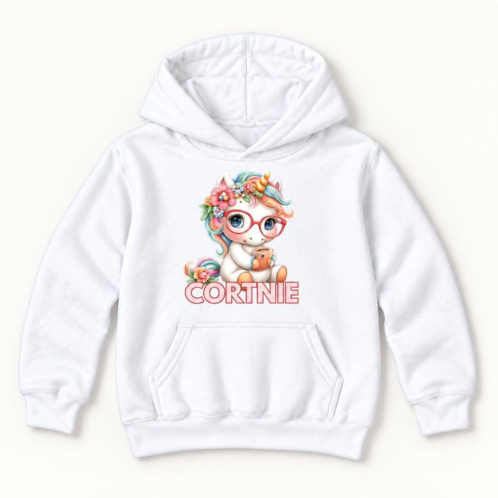 Personalized Unicorn — Floral Rainbow Mane Red Glasses — garment mockup or size chart