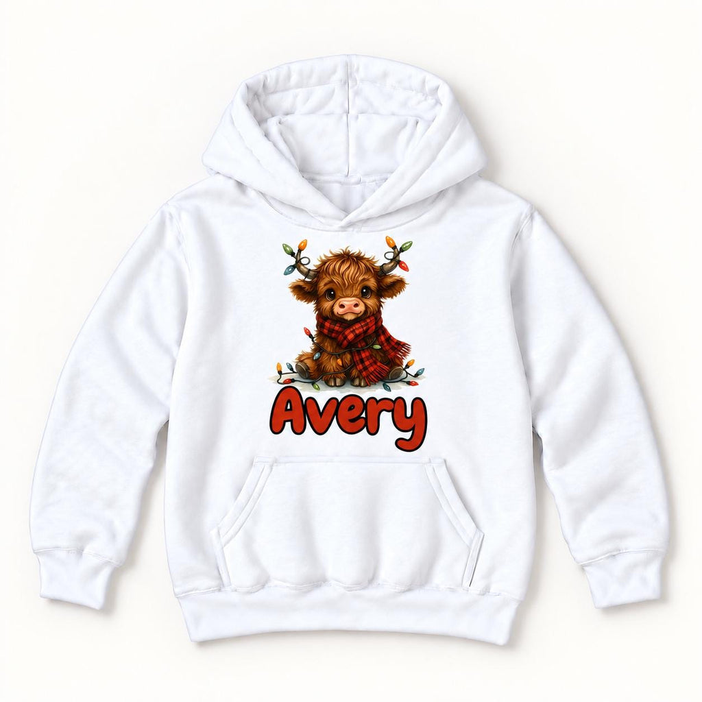 Personalized Christmas Highland Cow — garment mockup or size chart