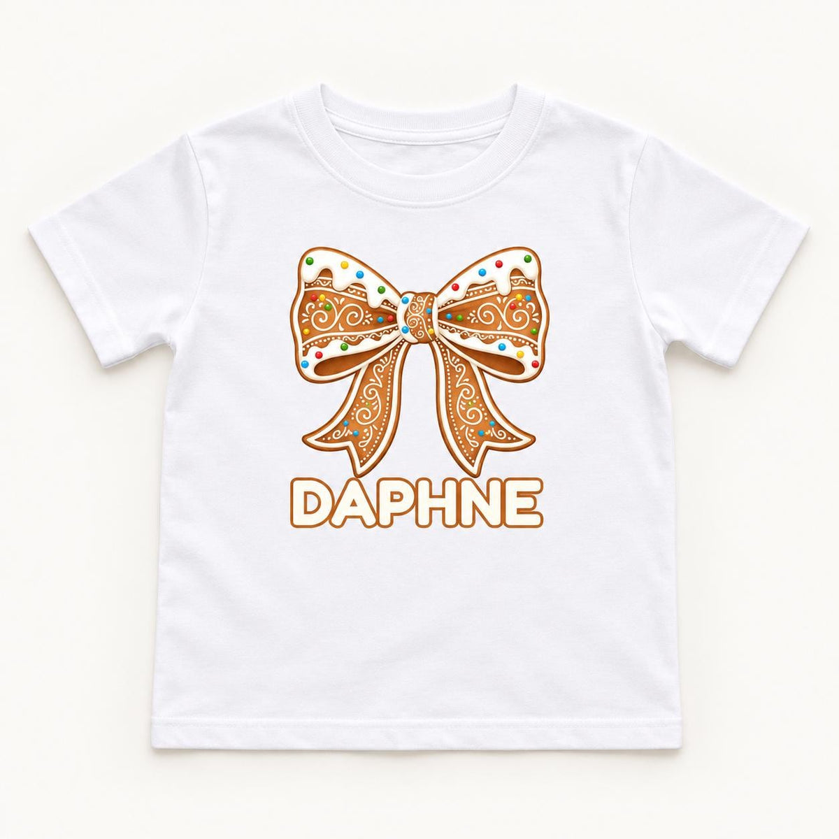 Personalized Gingerbread Bow — garment mockup or size chart