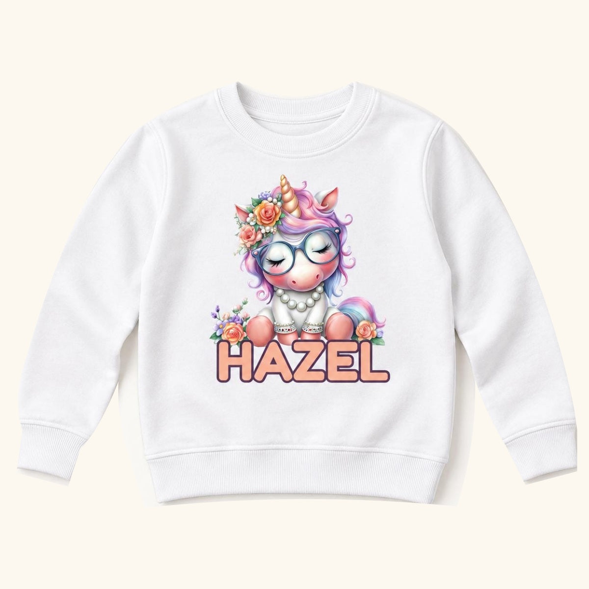 Personalized Unicorn — Custom Name Pastel Unicorn with Glasses and Roses — garment mockup or size chart