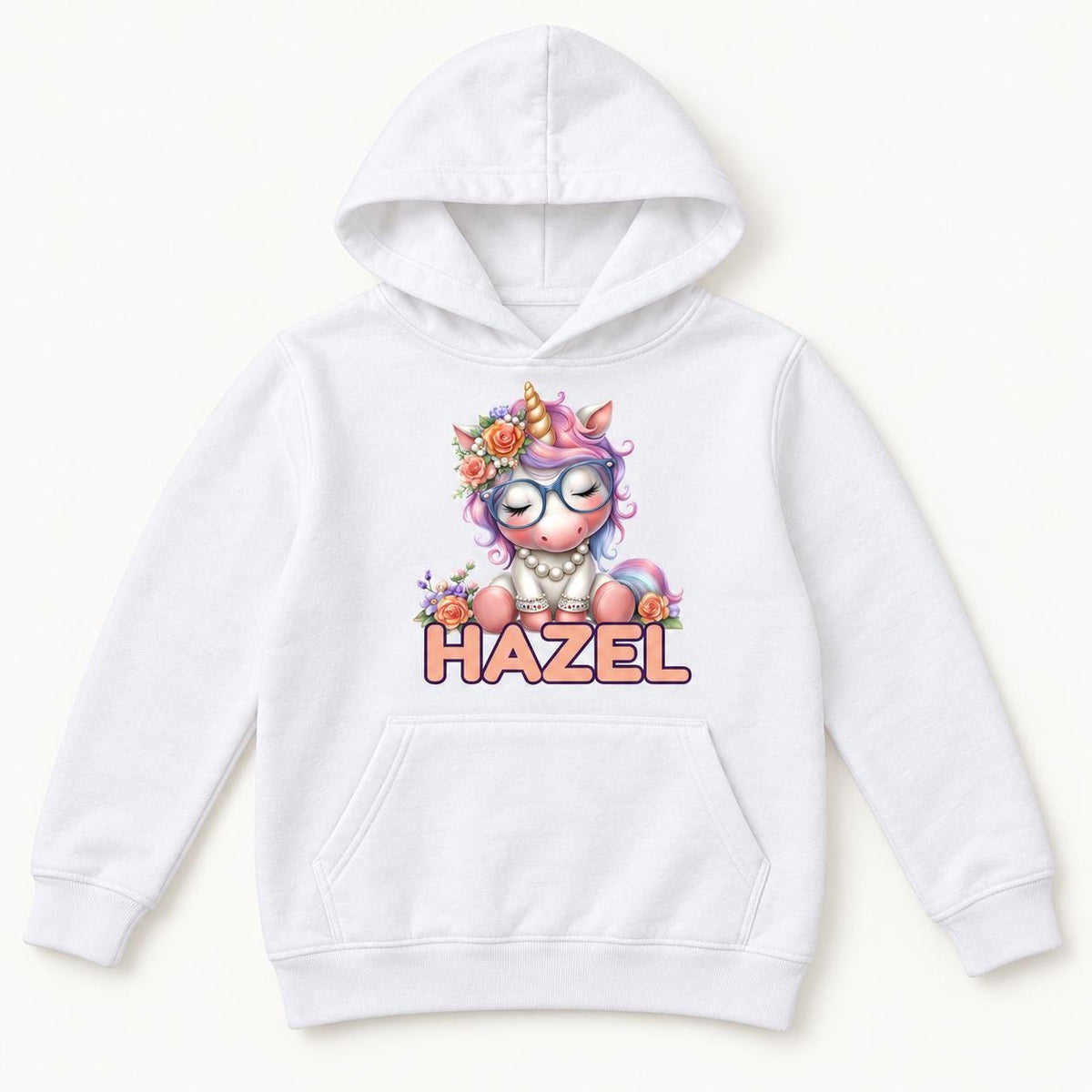 Personalized Unicorn — Custom Name Pastel Unicorn with Glasses and Roses — garment mockup or size chart