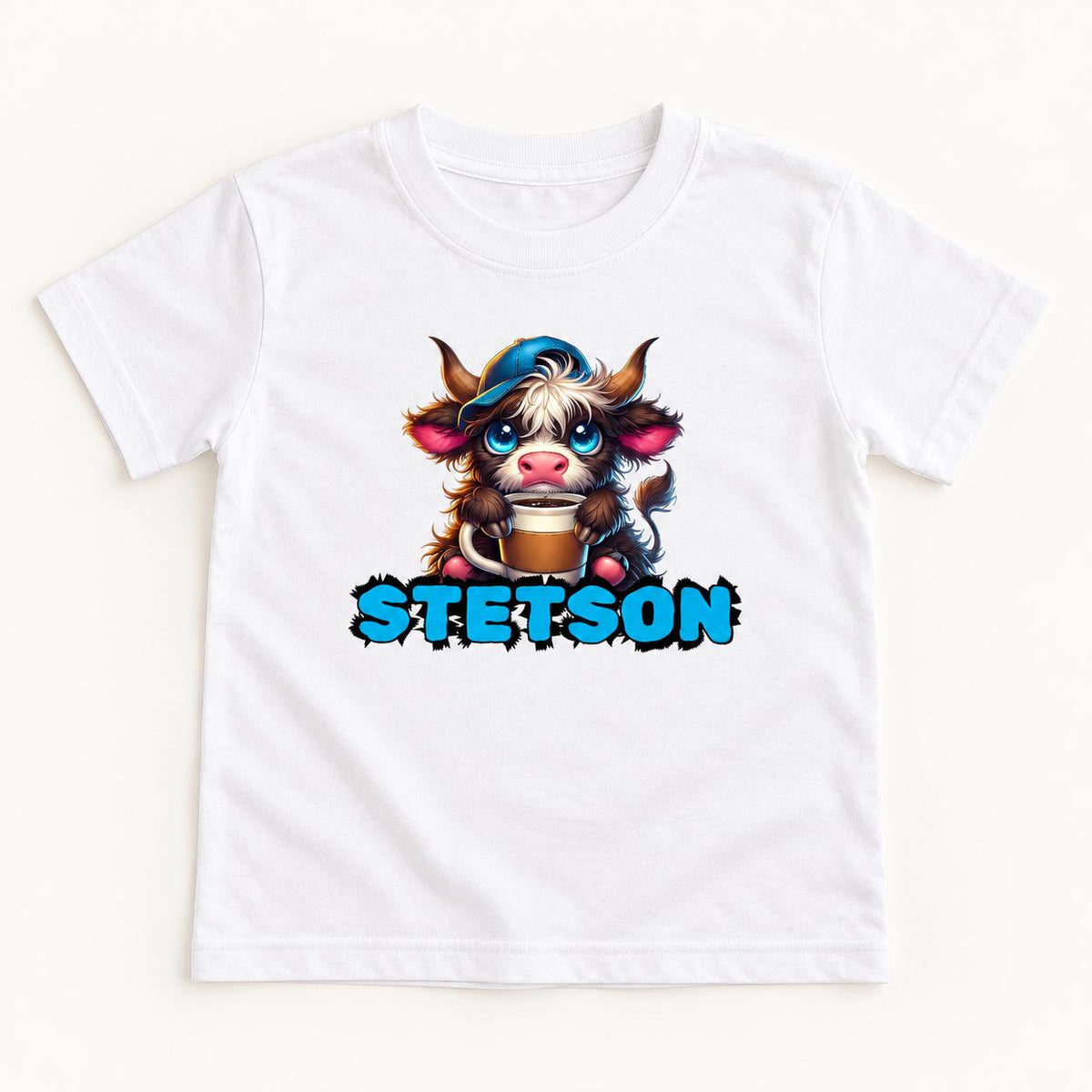 Personalized Highland Cow — Custom Name Calf with Blue Cap and Mug — garment mockup or size chart