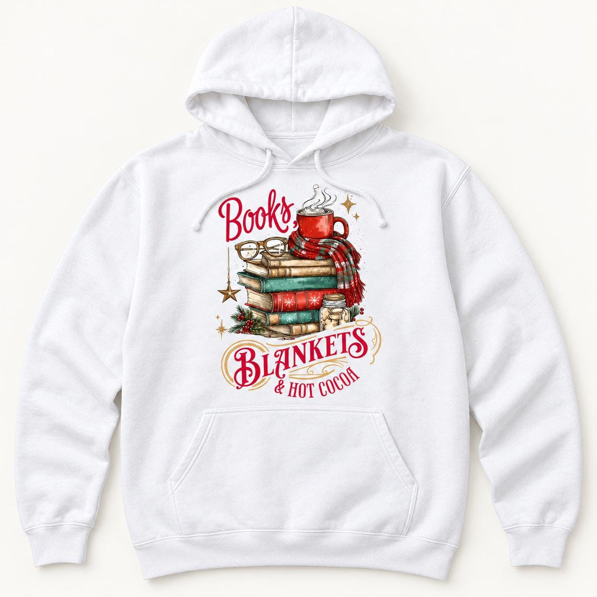 Books Blankets and Hot Cocoa — garment mockup or size chart
