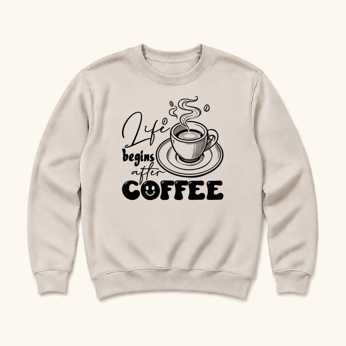 Life Begins After Coffee — garment mockup or size chart