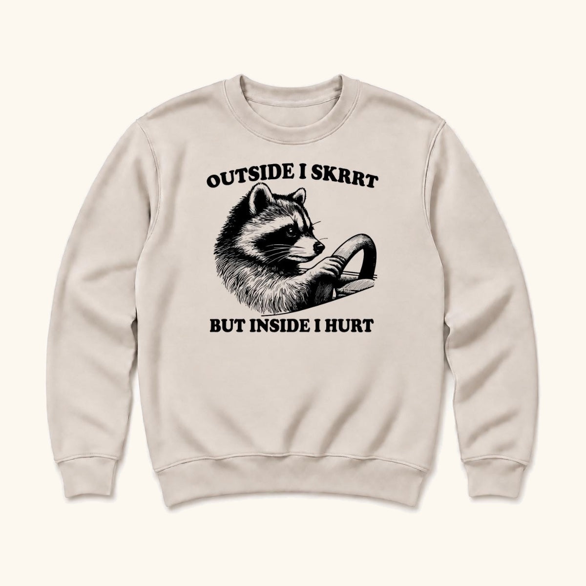 Outside I SKRRT But Inside I Hurt Raccoon — garment mockup or size chart