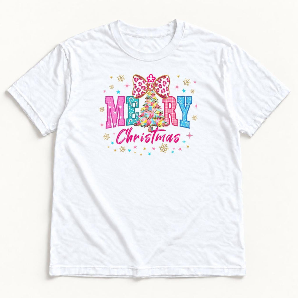 Merry Christmas Pink Leopard Bow — garment mockup or size chart