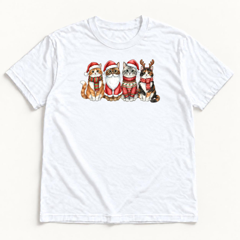 Four Christmas Cats — Santa Hats and Reindeer Antlers Cat Graphic — garment mockup or size chart