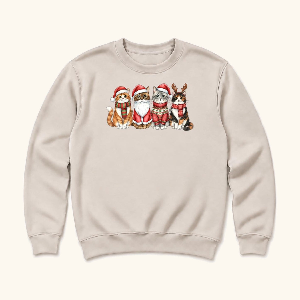 Four Christmas Cats — Santa Hats and Reindeer Antlers Cat Graphic — garment mockup or size chart