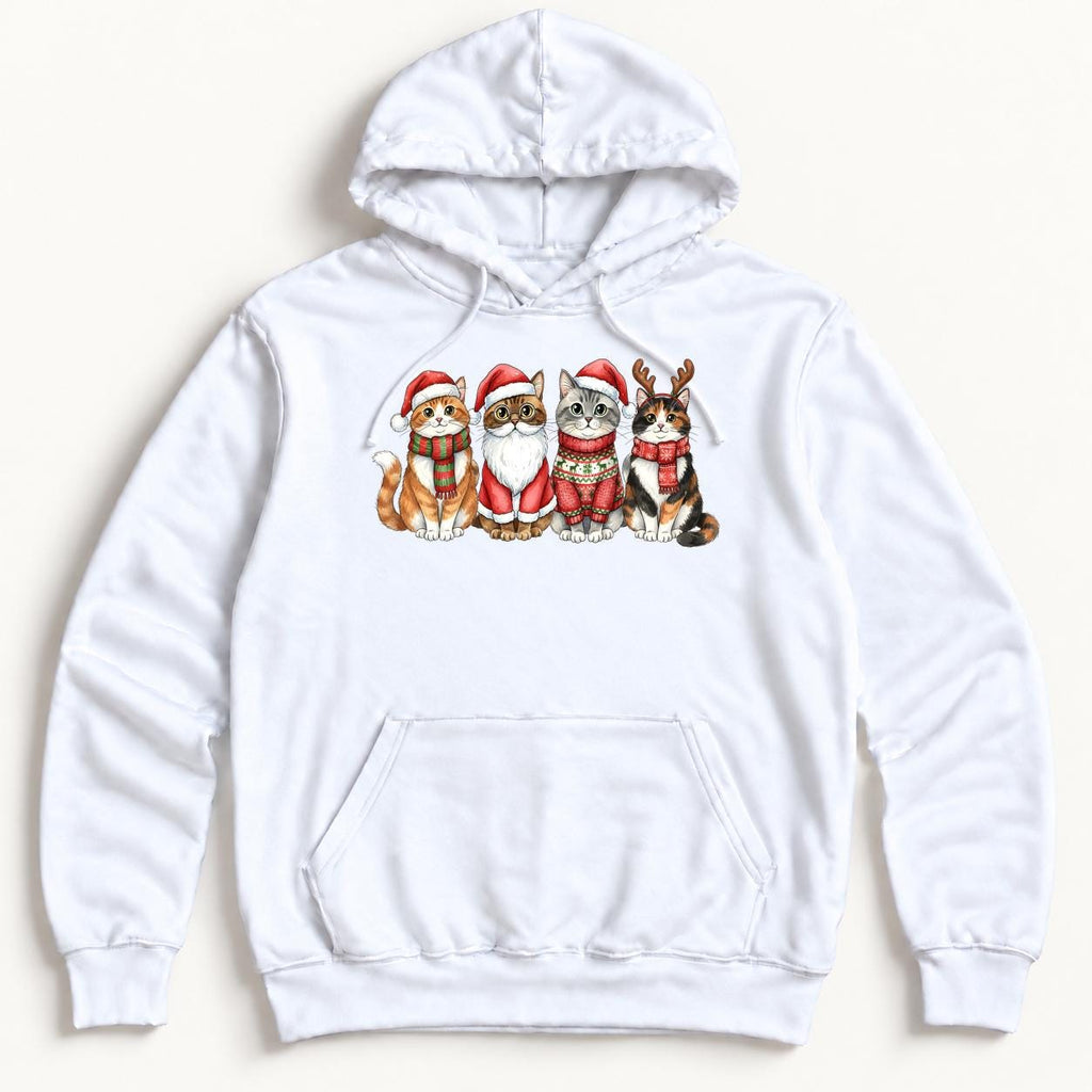 Four Christmas Cats — Santa Hats and Reindeer Antlers Cat Graphic — garment mockup or size chart