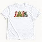 Four Christmas Cats — Christmas Tree Costume and Holiday Lights Cat Graphic — garment mockup or size chart