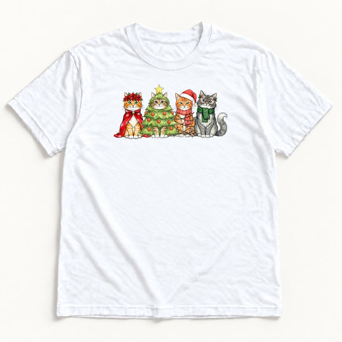 Four Christmas Cats — Christmas Tree Costume and Holiday Lights Cat Graphic — garment mockup or size chart