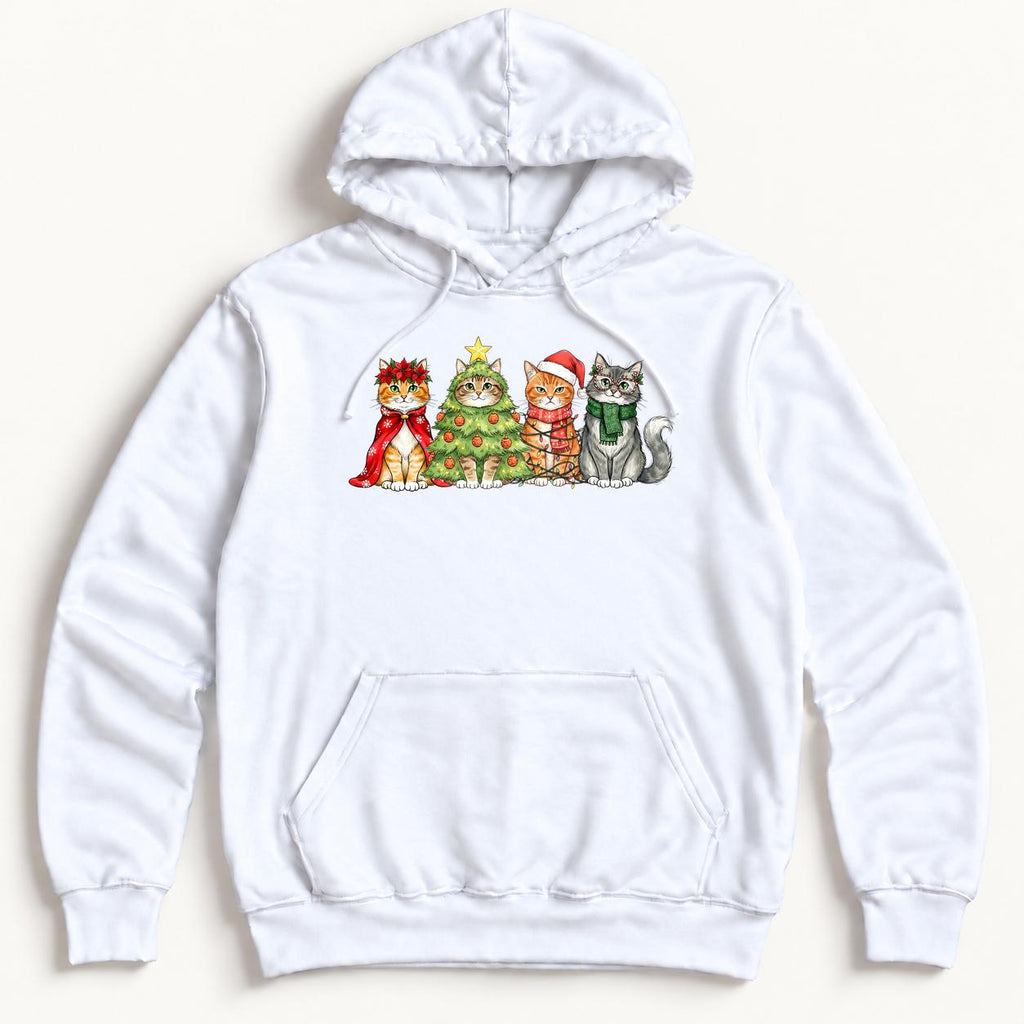 Four Christmas Cats — Christmas Tree Costume and Holiday Lights Cat Graphic — garment mockup or size chart