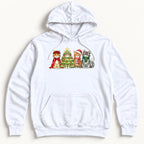 Four Christmas Cats — Christmas Tree Costume and Holiday Lights Cat Graphic — garment mockup or size chart