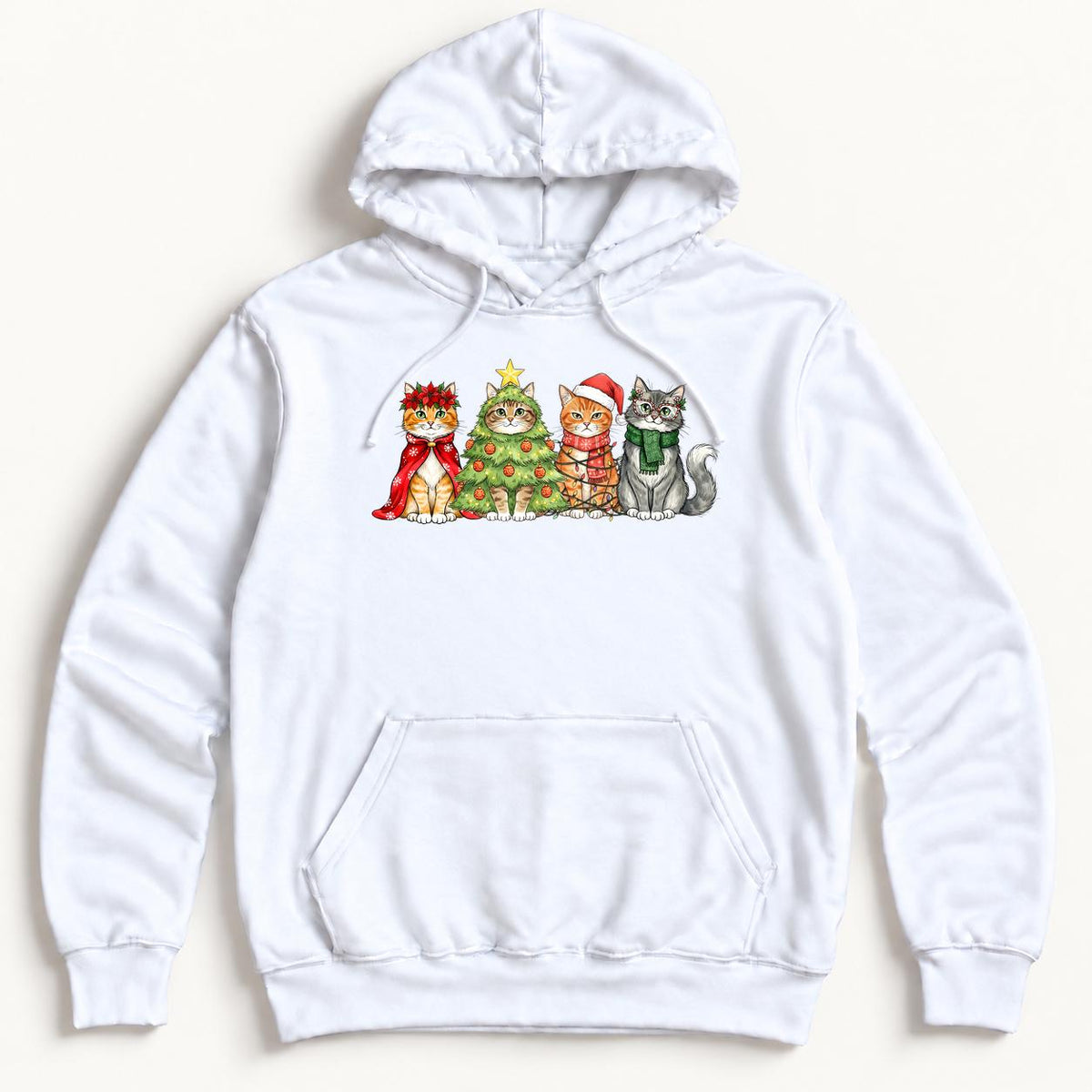Four Christmas Cats — Christmas Tree Costume and Holiday Lights Cat Graphic — garment mockup or size chart