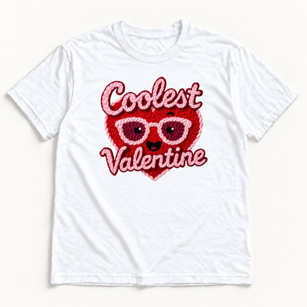 Coolest Valentine — Smiling Red Heart with Pink Glasses — garment mockup or size chart
