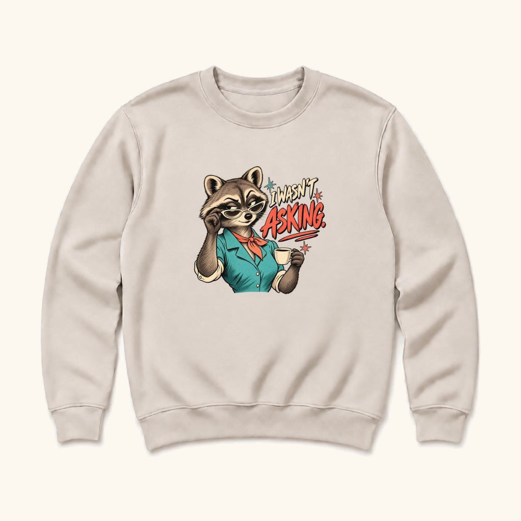 I Wasn't Asking Raccoon — garment mockup or size chart