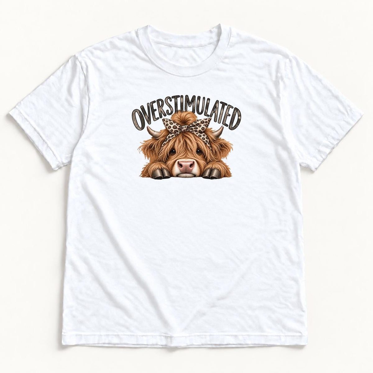 Overstimulated Highland Cow — garment mockup or size chart