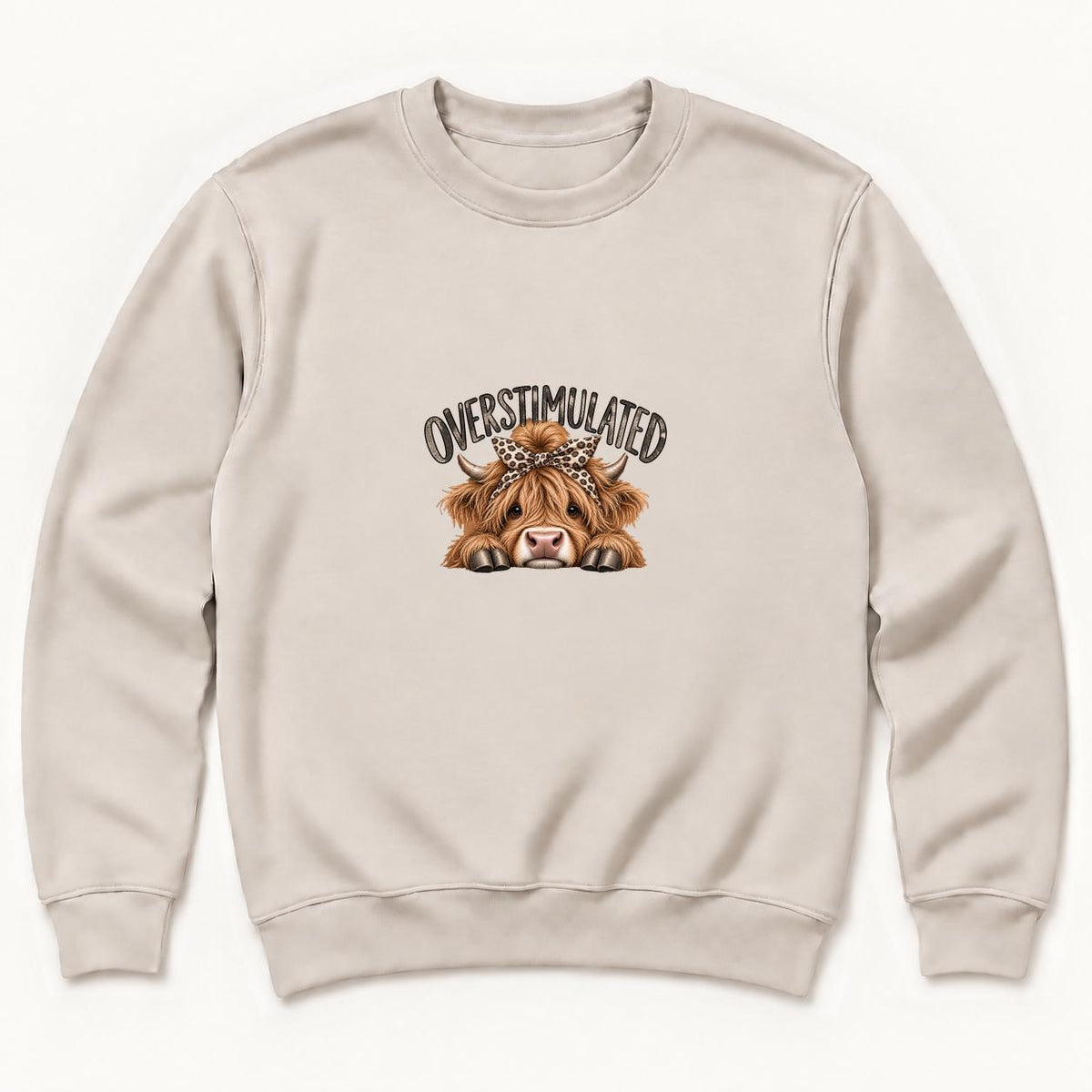 Overstimulated Highland Cow — garment mockup or size chart