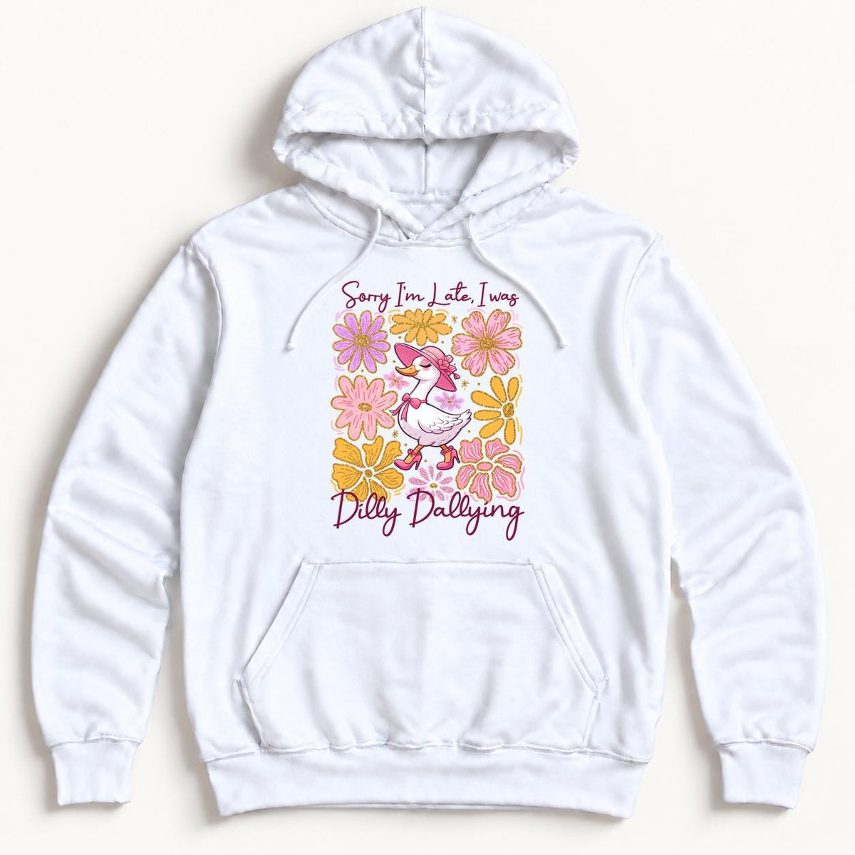 Sorry I'm Late Dilly Dallying Goose — garment mockup or size chart