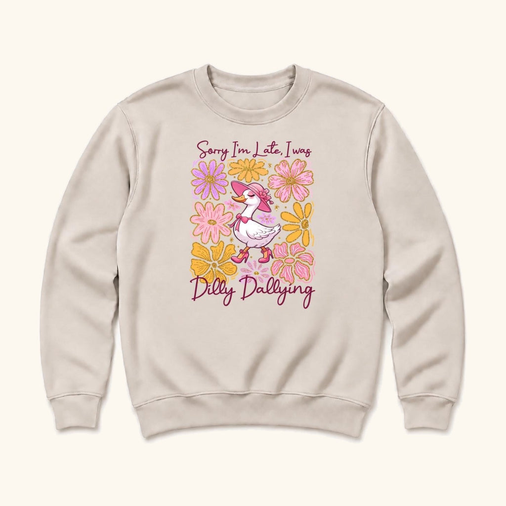 Sorry I'm Late Dilly Dallying Goose — garment mockup or size chart