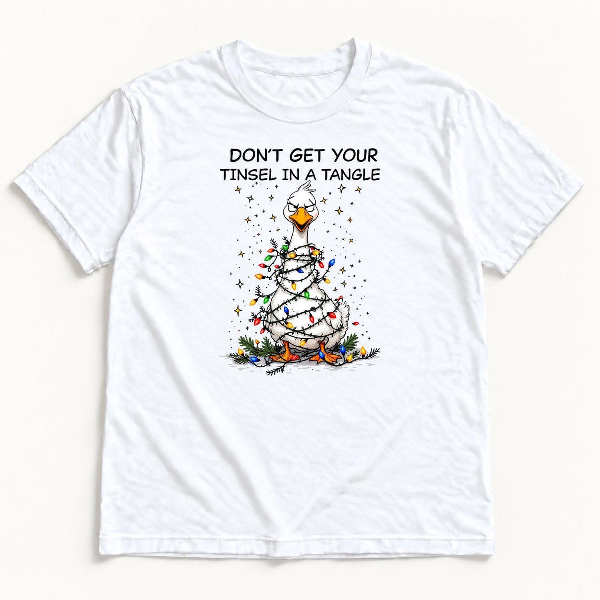 Don't Get Your Tinsel in a Tangle Duck — garment mockup or size chart