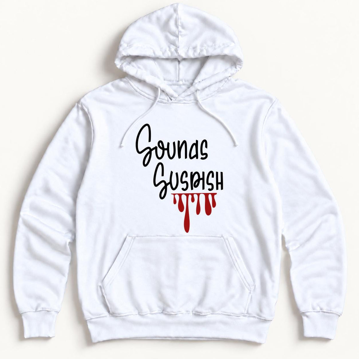 Sounds Suspish — Black Script and Red Drip Graphic — garment mockup or size chart