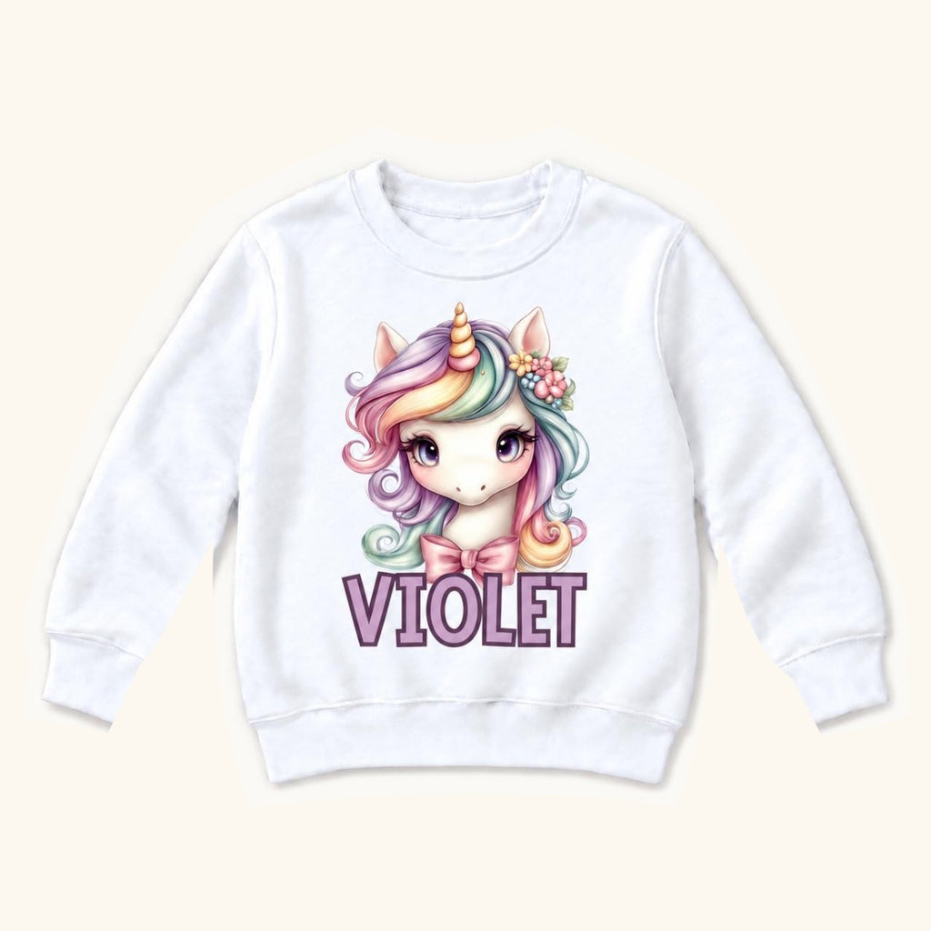 Personalized Unicorn — Pastel Rainbow Mane and Pink Bow — garment mockup or size chart