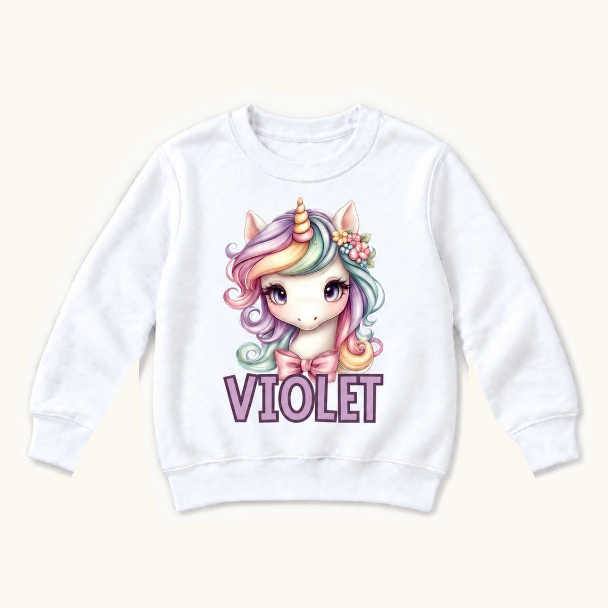 Personalized Unicorn — Pastel Rainbow Mane and Pink Bow — garment mockup or size chart