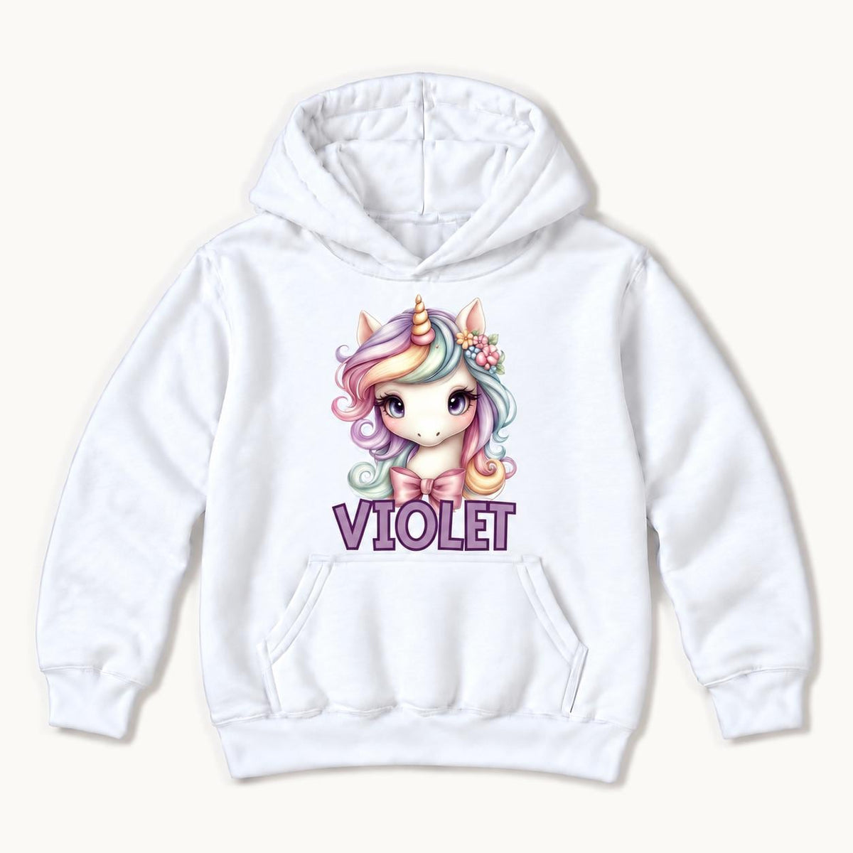 Personalized Unicorn — Pastel Rainbow Mane and Pink Bow — garment mockup or size chart