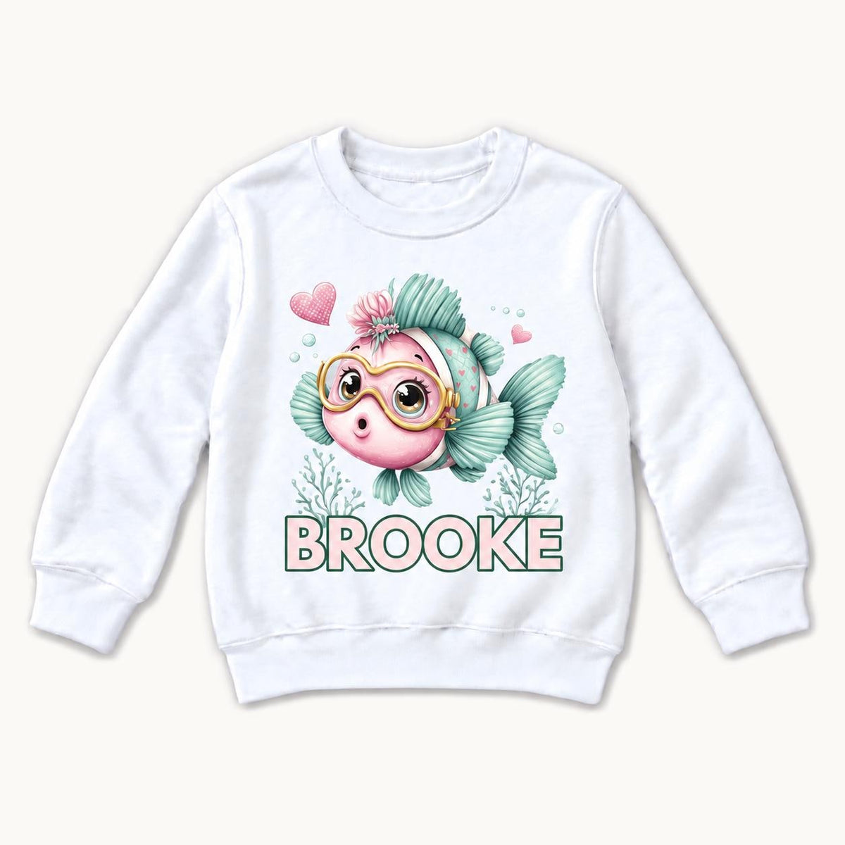 Personalized Fish — Pink and Mint Fish with Golden Diving Goggles — garment mockup or size chart