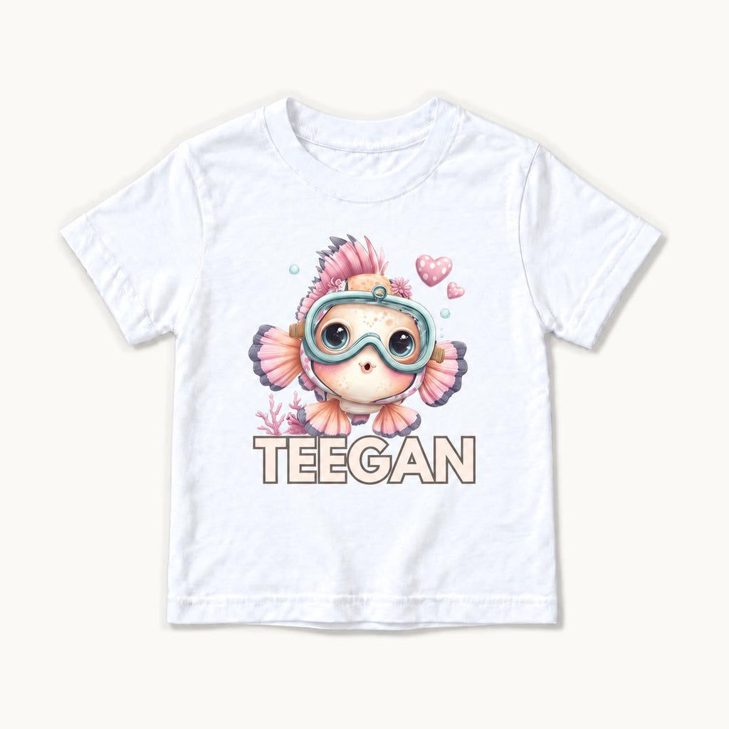 Personalized Fish — Pink Fish with Turquoise Diving Goggles — garment mockup or size chart