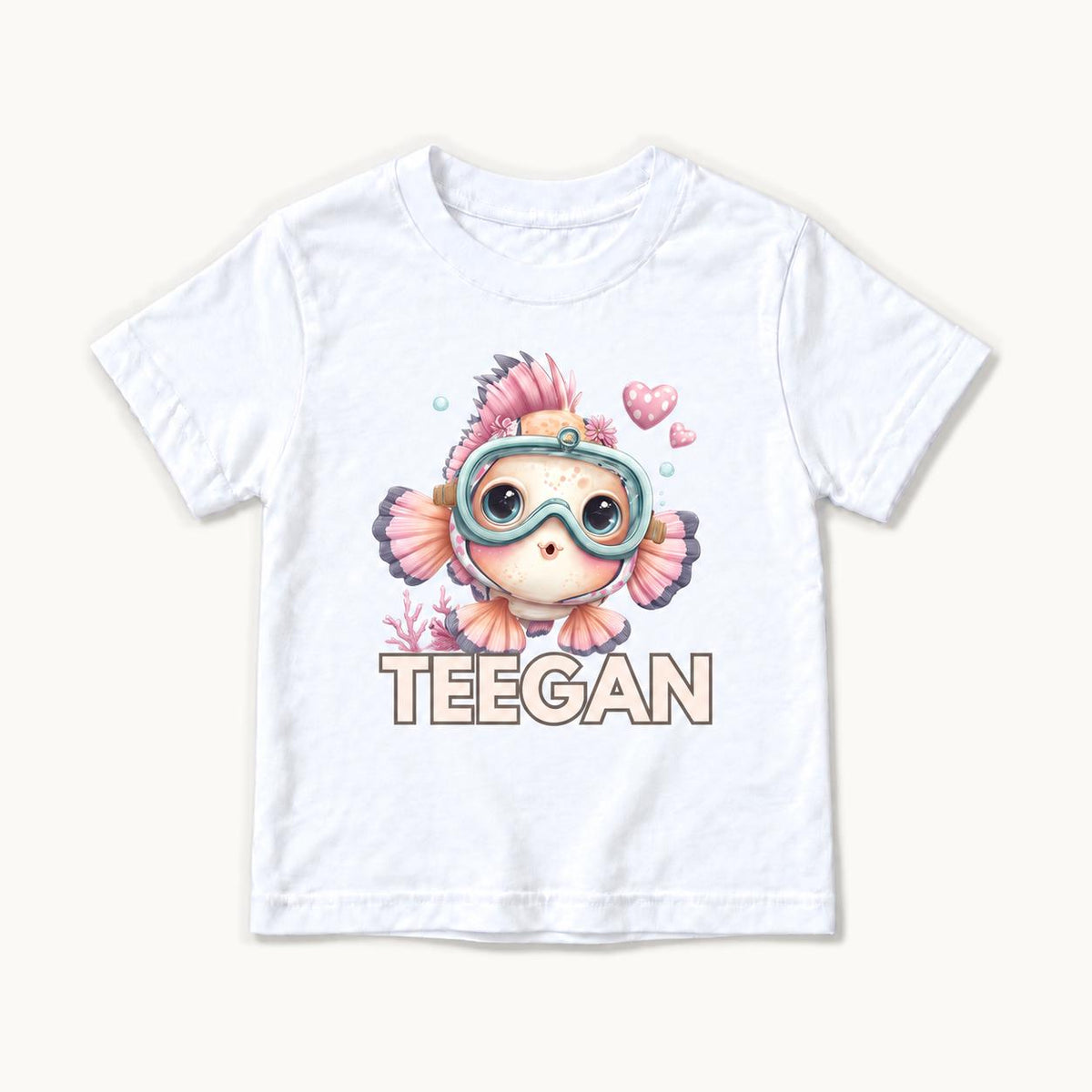 Personalized Fish — Pink Fish with Turquoise Diving Goggles — garment mockup or size chart