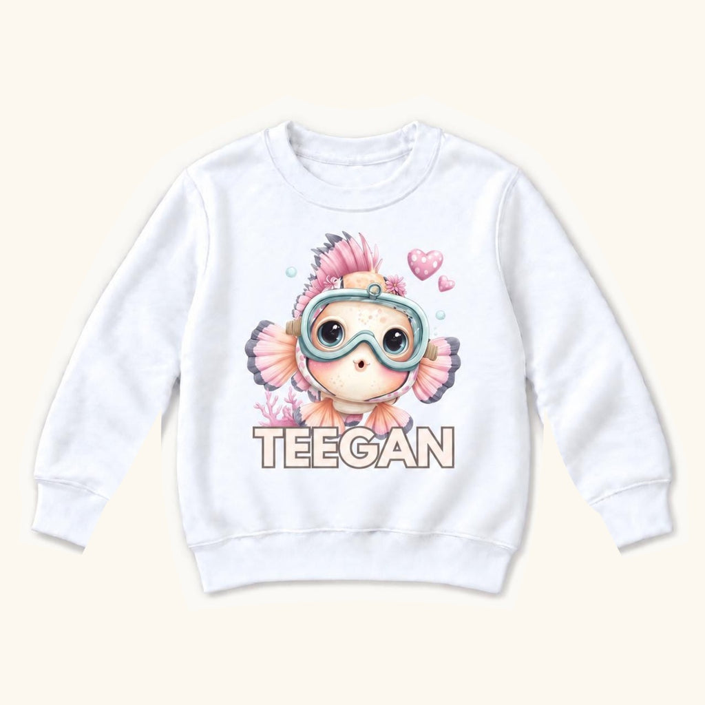 Personalized Fish — Pink Fish with Turquoise Diving Goggles — garment mockup or size chart