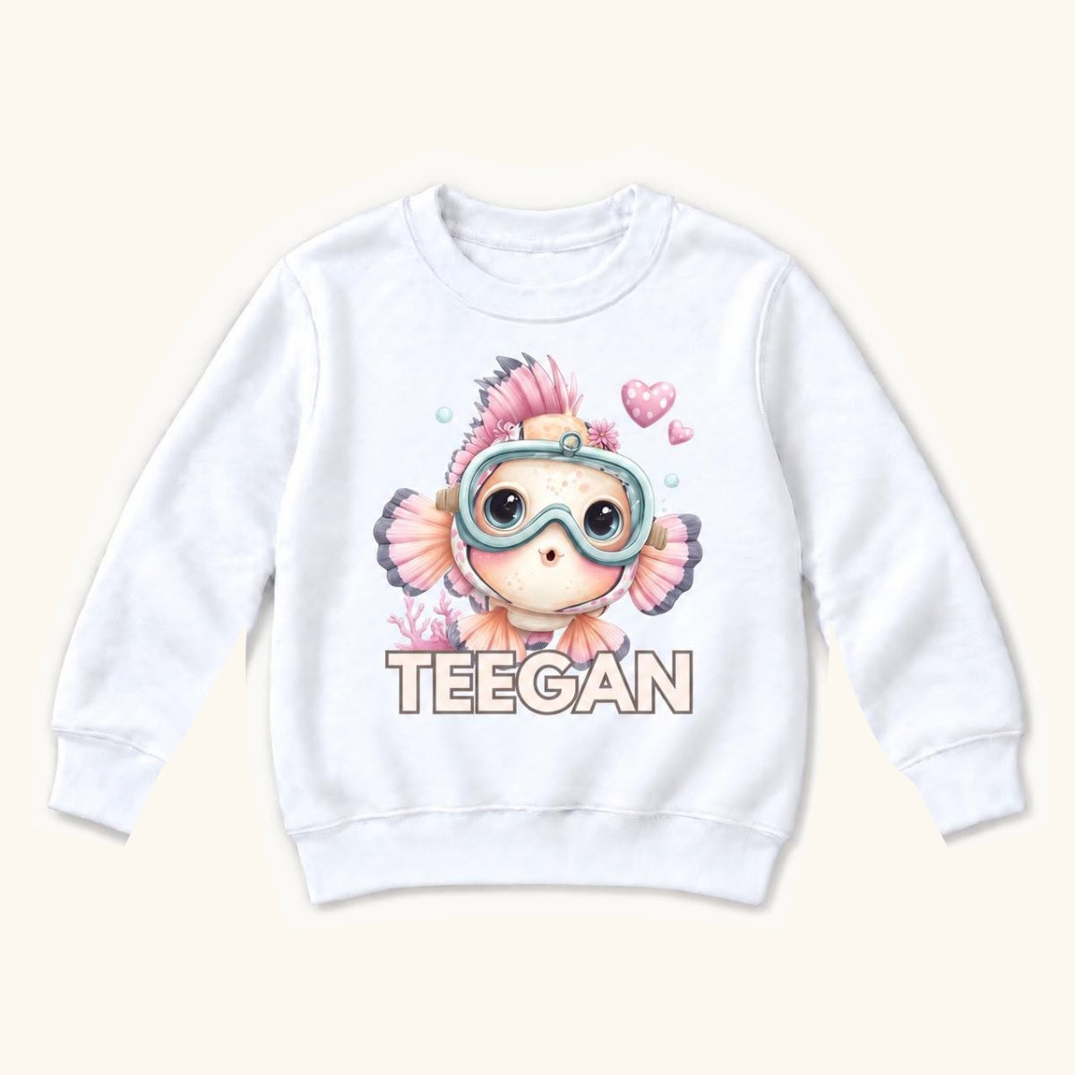 Personalized Fish — Pink Fish with Turquoise Diving Goggles — garment mockup or size chart