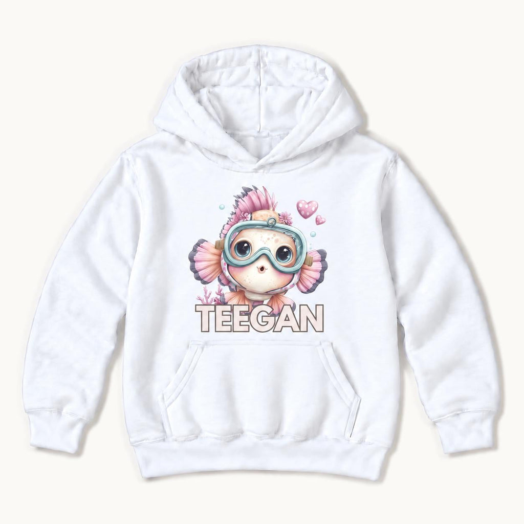Personalized Fish — Pink Fish with Turquoise Diving Goggles — garment mockup or size chart