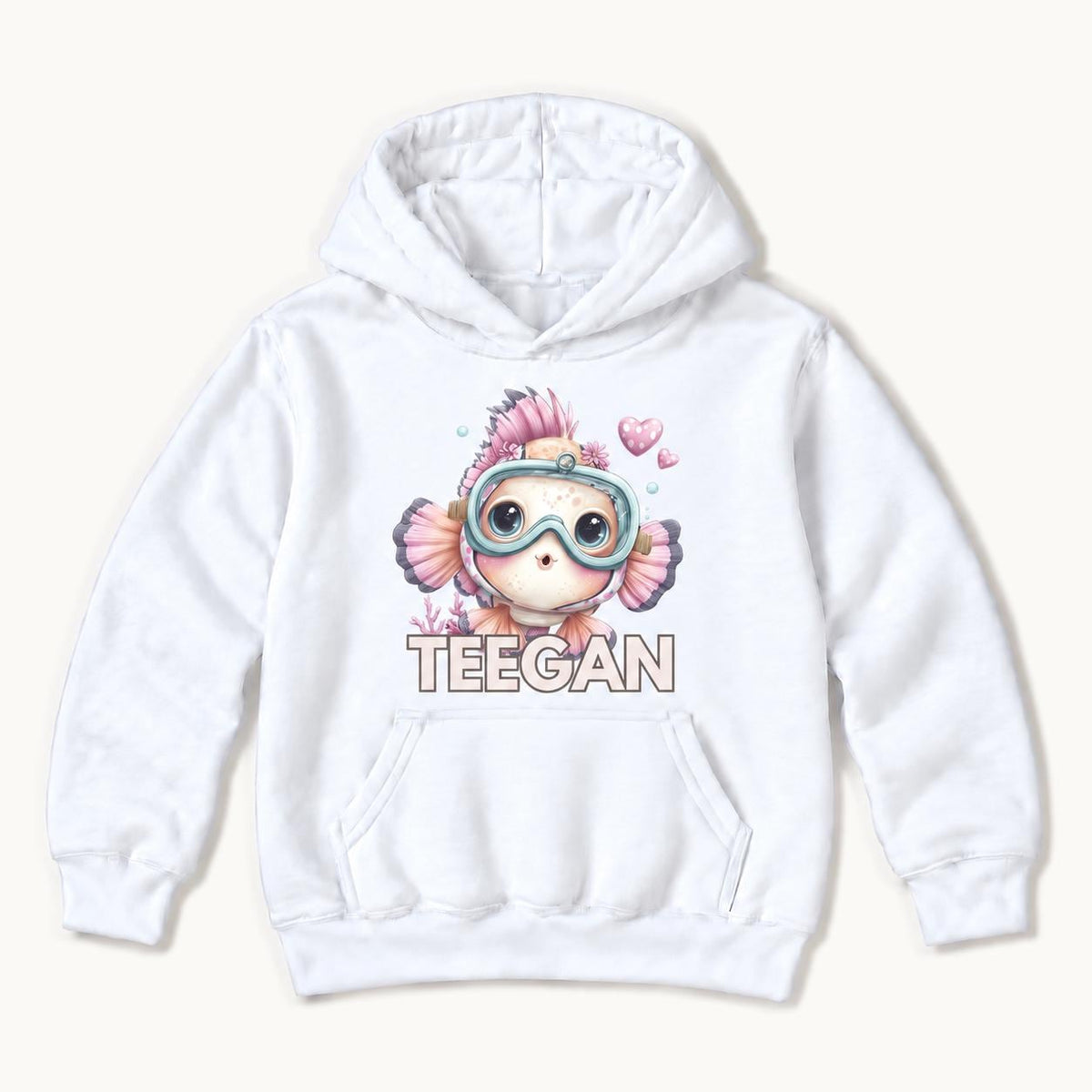 Personalized Fish — Pink Fish with Turquoise Diving Goggles — garment mockup or size chart